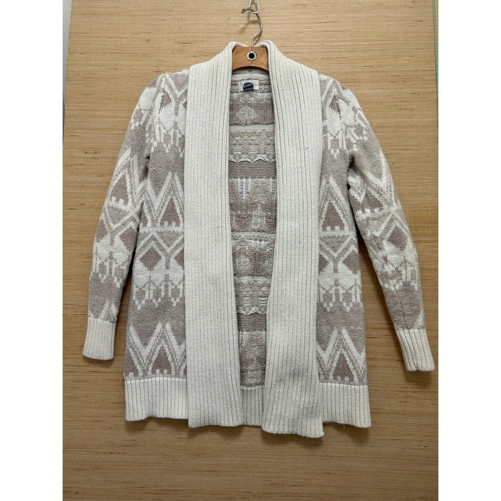 Old Navy Womens XS Open Front Cardigan Shawl Collar Fair Isle Geometric Beige